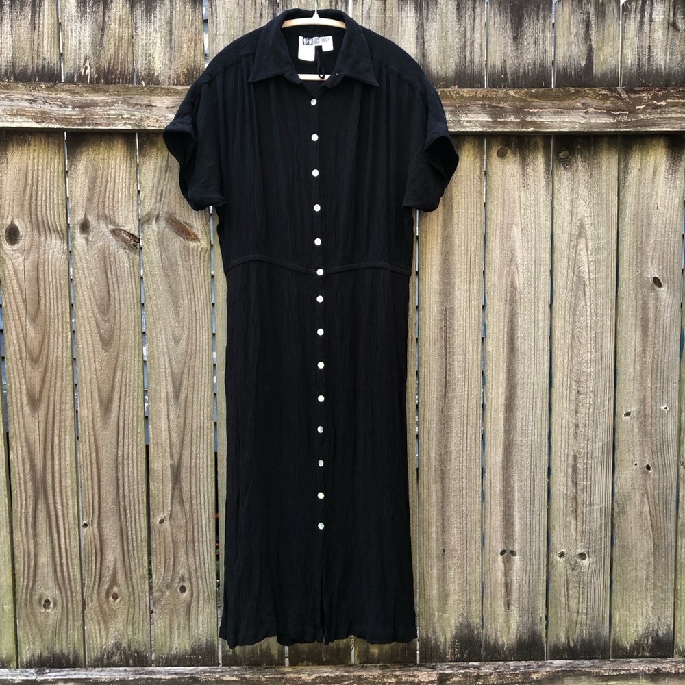 Vintage Together! Crinkle Midi Dress Size XL Black Dolman Sleeve Tie Waist